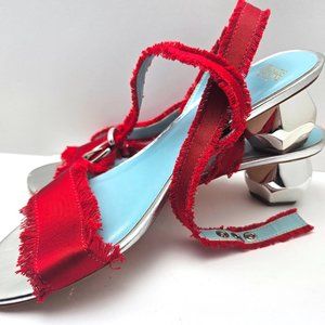 Frances Valentine - Layla Holiday Red Satin Ball Heeled Ankle Wrap Sandal Sz 9